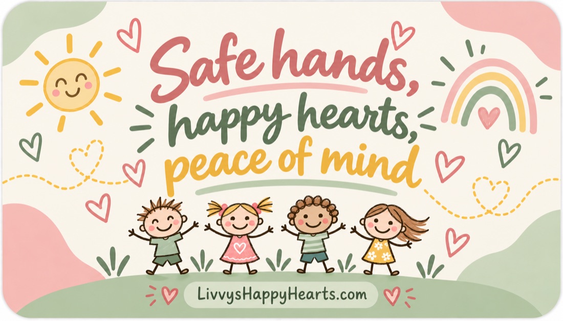 Back of the business card: Safe hands, happy hearts, peace of mind