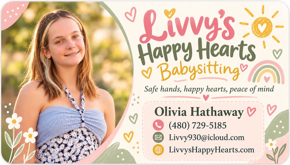 Front of Livvy's Happy Hearts Babysitting business card with Olivia's photo and contact details